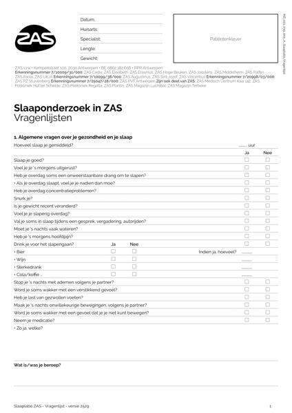 Cover page of the brochure Slaaponderzoek in ZAS - Vragenlijst
