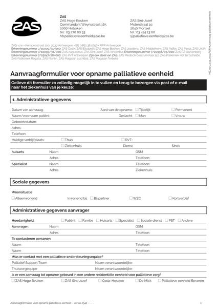 Cover page of the brochure Aanvraagformulier voor opname palliatieve eenheid