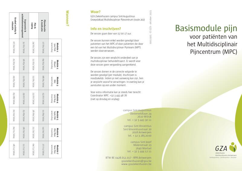 Cover page of the brochure Basismodule pijn voor patiënten van het MPC (2024)