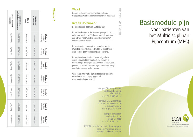 Cover page of the brochure Basismodule pijn voor patiënten van het MPC (2024)