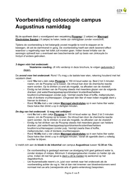 Cover page of the brochure Voorbereiding coloscopie campus ZAS Augustinus: namiddag