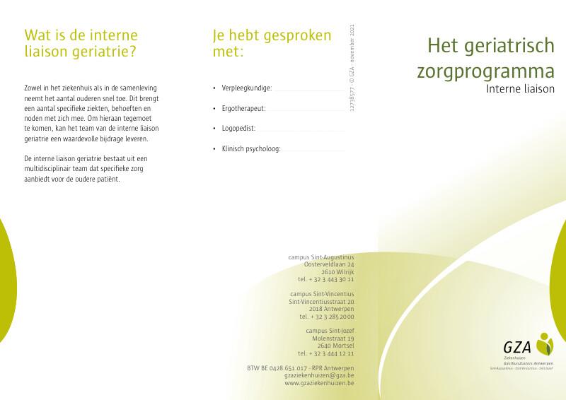 Cover page of the brochure Het geriatrisch zorgprogramma - Interne liaison