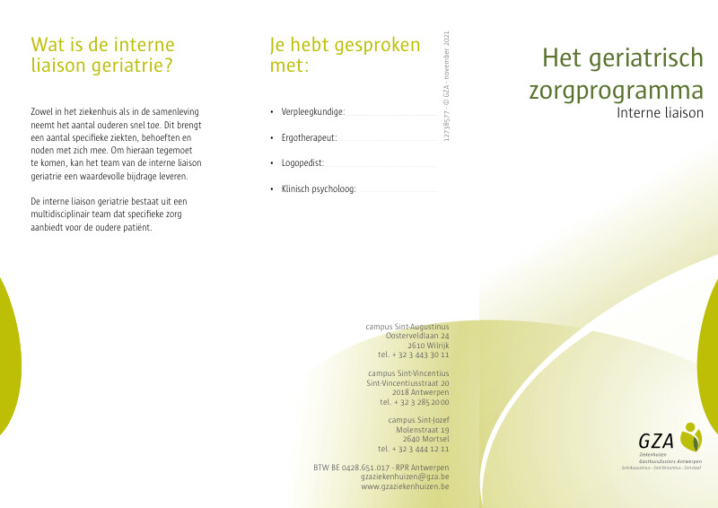 Cover page of the brochure Het geriatrisch zorgprogramma - Interne liaison