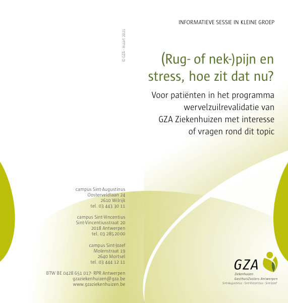 Cover page of the brochure Rug- of nekpijn en stress, hoe zit dat nu?