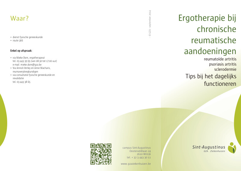 Cover page of the brochure Ergotherapie bij chronische reumatische aandoeningen; reumatische artritis, psoriasis artritis, sclerodermie