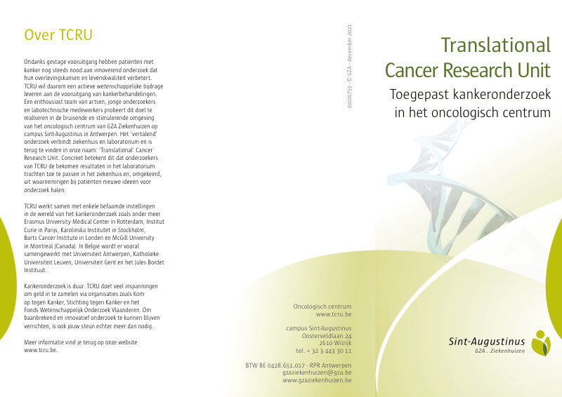 Cover page of the brochure TCRU --  Toegepast kankeronderzoek in het oncologisch centrum