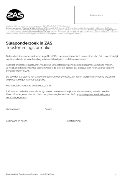 Cover page of the brochure Slaaponderzoek in ZAS - Toestemmingsformulier