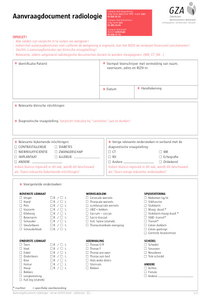 Cover page of the brochure Aanvraagformulier Radiologie