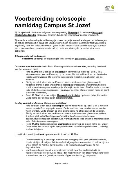 Cover page of the brochure Voorbereiding coloscopie campus ZAS Sint-Jozef: namiddag