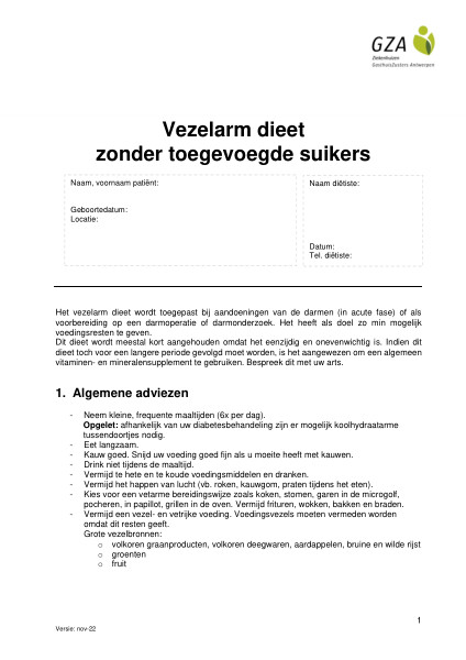 Cover page of the brochure Vezelarm dieet zonder toegevoegde suikers