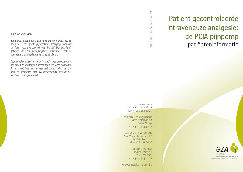 Cover page of the brochure PCIA pijnpomp : patiënt gecontrolleerde intraveneuze analgesie