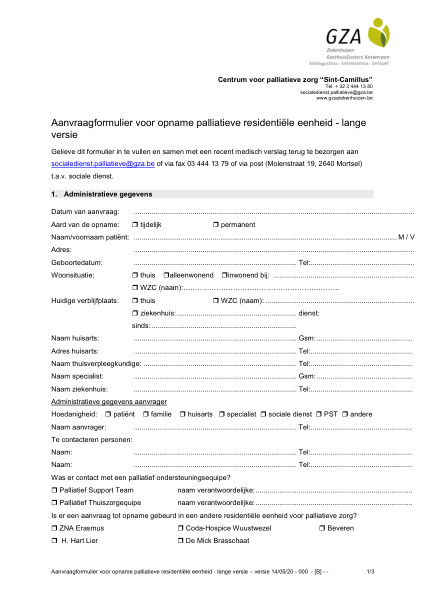 Cover page of the brochure Aanvraagformulier voor opname palliatieve residentiële eenheid